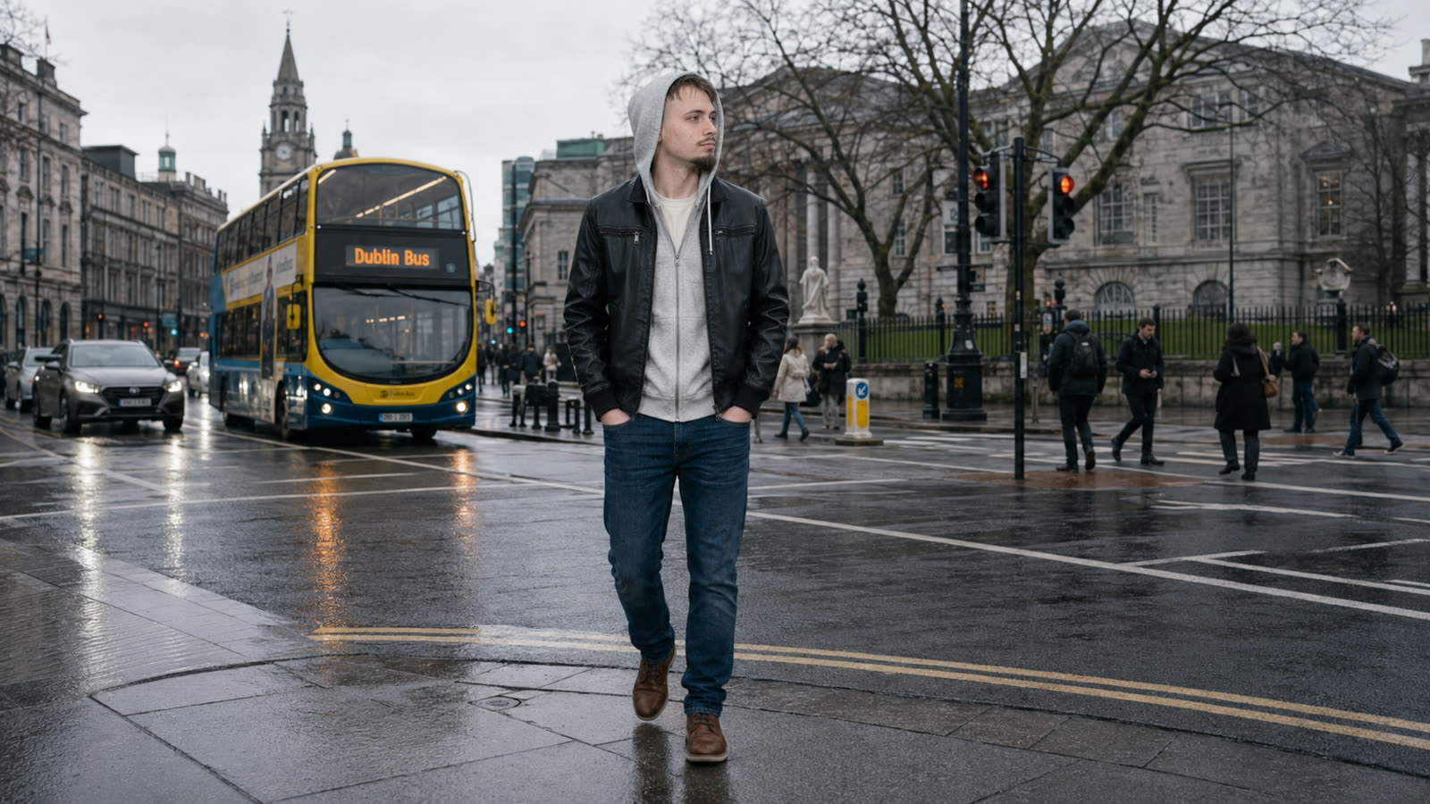 A hooded man crosses a rainy Dublin street