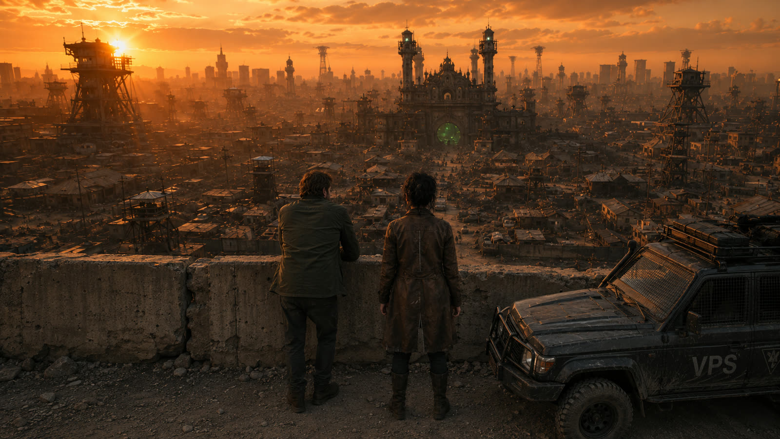 Two figures overlook a sprawling ruined city at sunset