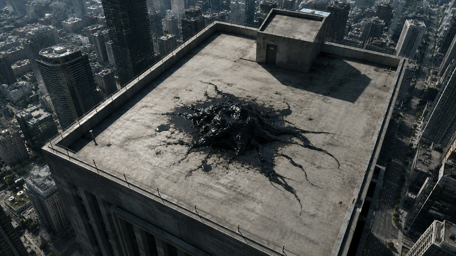 A black mass splattered across a skyscraper rooftop