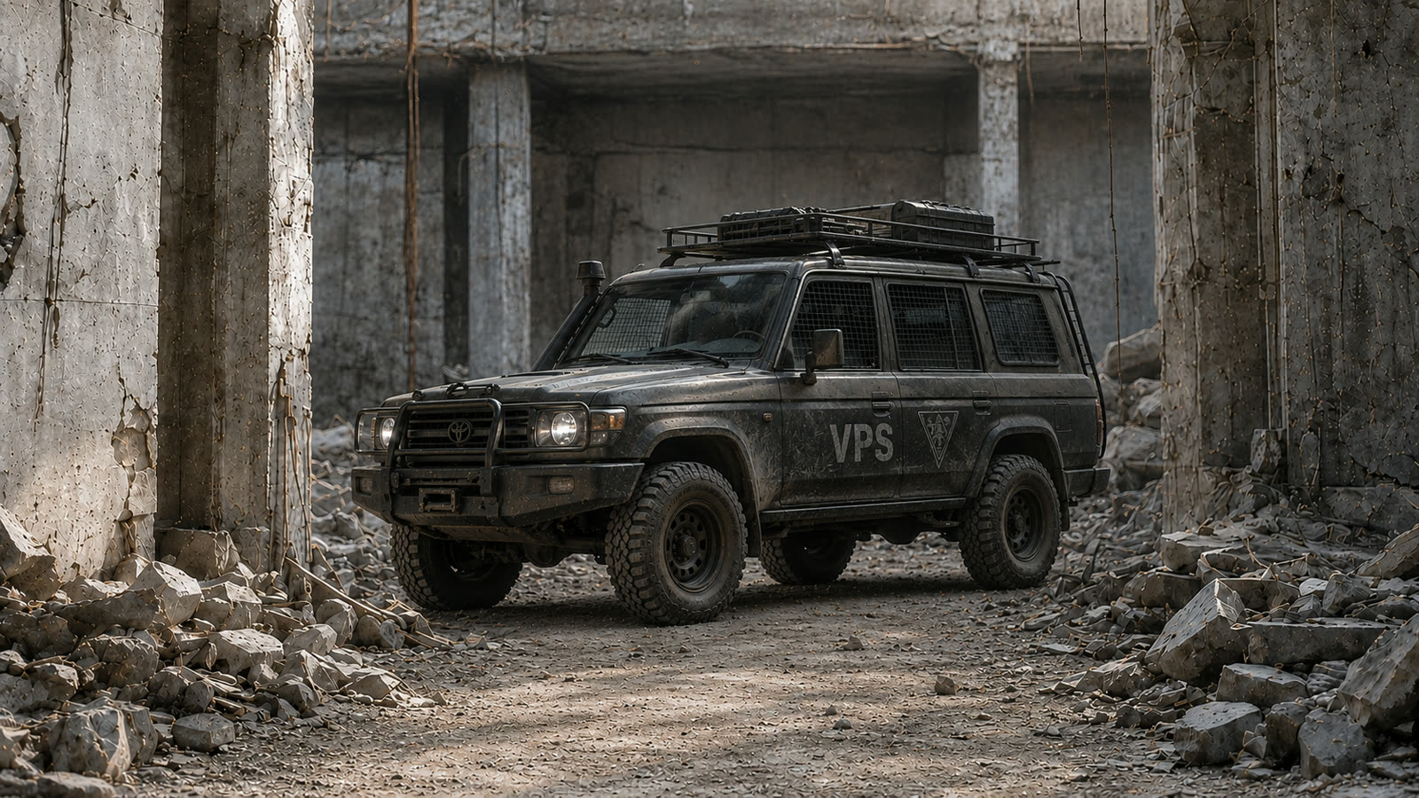 A patrol truck among concrete ruins