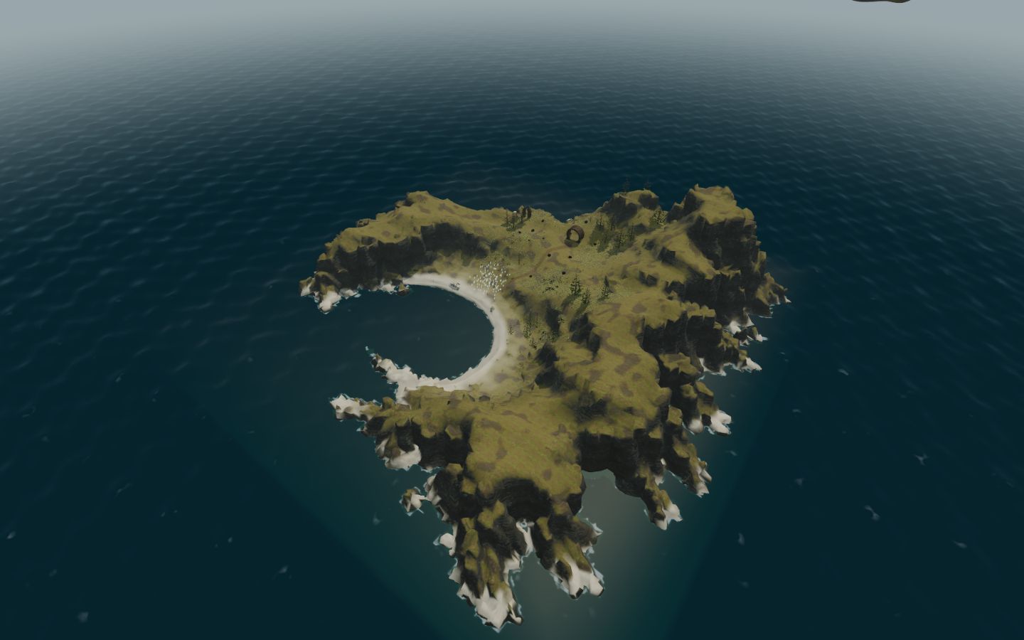 v0.2.0 aerial game view of the rebuilt island, sheltered cove and rocky shoreline