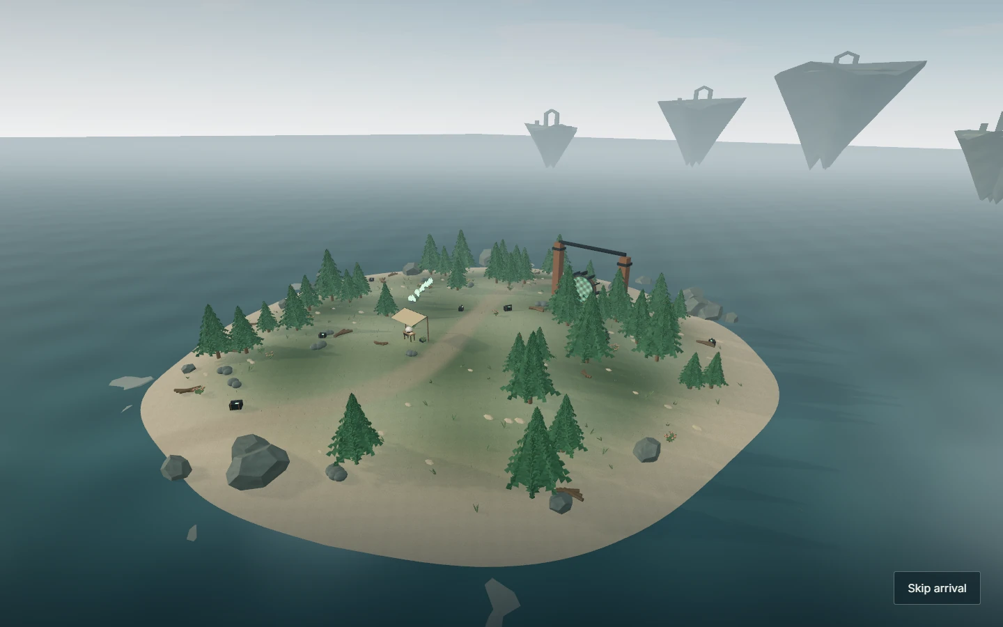 v0.1.0 aerial game view of the rounded starting island and floating islands beyond