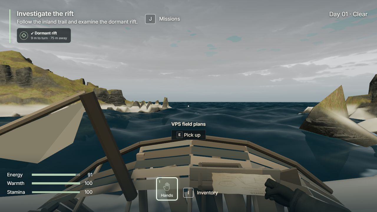 In-game view of the wrecked boat and the VPS field plans pickup prompt
